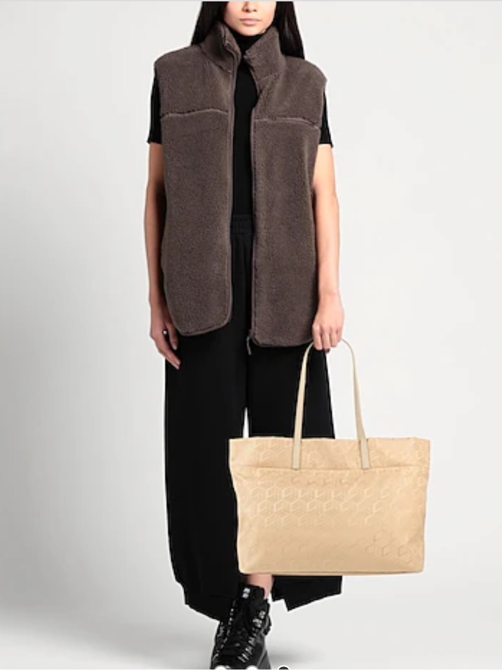 MCM Sand Geometric Jacquard Shoulder Tote with Logo Plaque